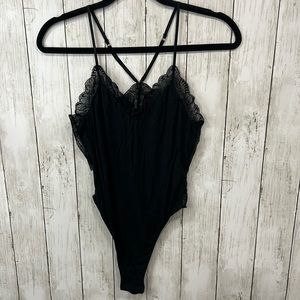 Victoria’s Secret Lace Racerback Thong Button Snap Bodysuit Black Size Medium